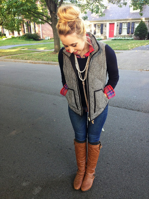 plaid shirt herringbone vest boots