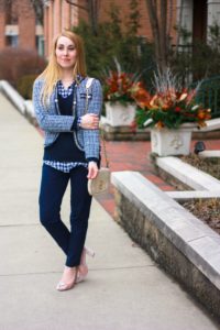 navy tweed jacket workwear wednesday preppy gingham